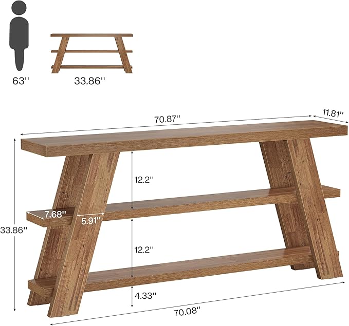 Tribesigns 70.9" Extra Long Console Table with Storage, 3-Tier Narrow Wooden Sofa Table Behind The Couch, Farmhouse Entry Foyer Table for Entryway, Living Room, Hallway, Brown