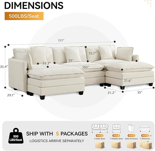 111'' Sectional Cloud Deep Seat Couch, Oversized Chenille U Shaped Sectional Sofa for Living Room Set, Comfy Upholstered Modular 5-Seats Sectional Sofa Couch with 2 Movable Ottoman, Beige