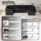 138" Boneless Cloud Couch Modular Sectional Sofa with Deep Seat for Living Room, L Shape Couch with Ottoman, Snowflake Cloth and 40D Memory Sponge，2 Throw Pillows (Black, 4 Seater+2 Ottoman)