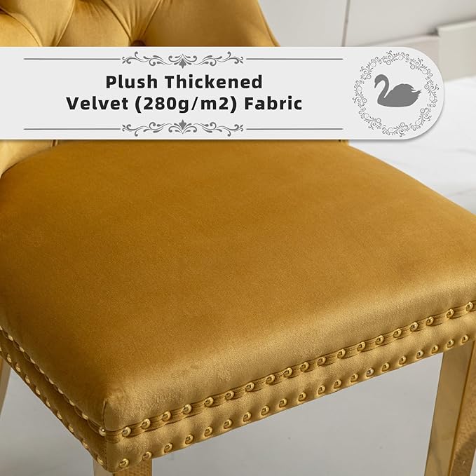 Velvet Upholstered Dining Chairs Set of 8, Modern Style Kitchen Side Chairs with Nailhead Trim and Gold Plated Leg, Metal Pulling Ring for Dining Room Living Room(Gold-Gold Plated Leg)