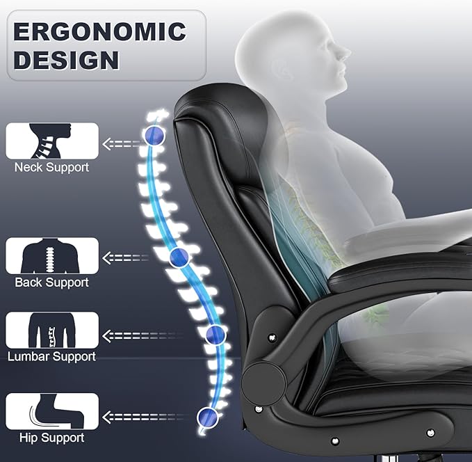 AnyGod Executive Leather Office Chair, Ergonomic Mid-Back Desk Chairs Comfy for Home Office with Flip-up Armrests, Lumbar Support, Adjustable Height and Swivel Rolling Wheels