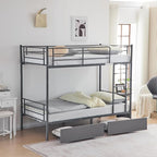 Karl home Grey Bunk Bed Twin Over Twin with 2 Storage Drawers, Metal Bunk Bed with Built-in Ladder and Safety Guardrail, Space-Saving Twin Bunk Beds for Kids, Teens & Adults, No Box Spring Needed