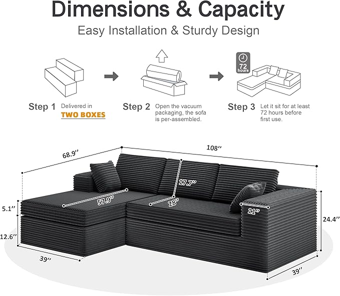 108-inch Boneless Couch for Living Room，Comfy Boneless Sofa with Deep Seats & Chaise Lounge, 3-Seat Modular Sofa Memory Foam Sectional Couches - No Assembly Required(Dark Grey)