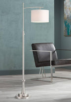 Possini Euro Design Burbank Modern 64" Tall Standing Floor Lamp Downbridge Pole Task Silver Metal Brushed Nickel Finish Living Room Bedroom House Reading Office Home Decor Entryway White Drum Shade