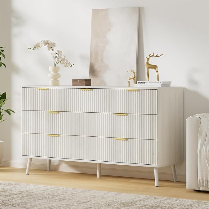 LYNSOM Fluted Dresser and Nightstand Set, 3 Pieces Bedroom Set, 55 Inch Wide 7-Drawer Dresser & 2-Drawer Nightstands Set of 2, Modern Dressers Set for Bedroom, Hallway, White