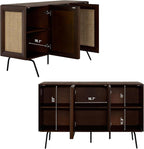 NTC MOSSIC Modern Sideboard with 3 Doors, Natural Rattan Storage Cabinet, Buffet with Metal Legs, Boho Accent Cabinet for Living Room, and Entryway, Effortless Assembly - Dark Walnut