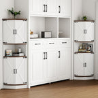 64.8" Farmhouse Corner Cabinet, Dining Room Tall Corner Cabinet with 4 Barn Doors and 5 Storage Shelves, Bar Storage Cabinets for Kitchen, Living Rooms, Laundry Room White