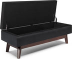 SIMPLIHOME Owen 48 inch Wide Mid Century Modern Rectangle Rectangular Storage Ottoman in Midnight Black Vegan Faux Leather, Assembled, for the Living Room, Entryway and Family Room