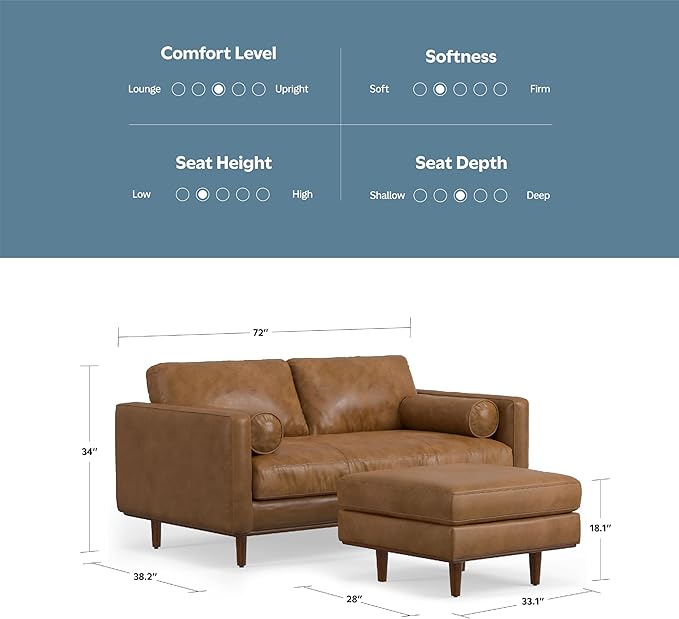 SIMPLIHOME Morrison Mid-Century Modern 72 inch Wide Sofa with Ottoman Set in Caramel Brown Genuine Leather for the Living Room and Family Room