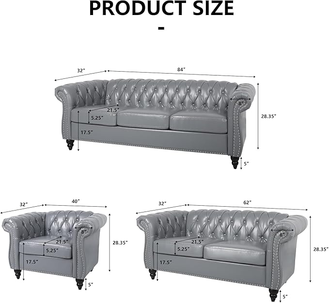 Home Sofa Living Room Furniture, 3 Seater Leather Upholstered Sofa Couch, Modern Comfy Couch with Faux Leather Cushions, Mid Century Tufted Chesterfield Sofas for Bedroom, Office, Apartment (Grey)