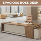 Modern L Shape Executive Desk with Drawers and Lockable Storage Cabinet, Large Executive Office Desk with Cable Management (Champagne Wood Grain+Beige/Left,79" L*63" W*30" H)