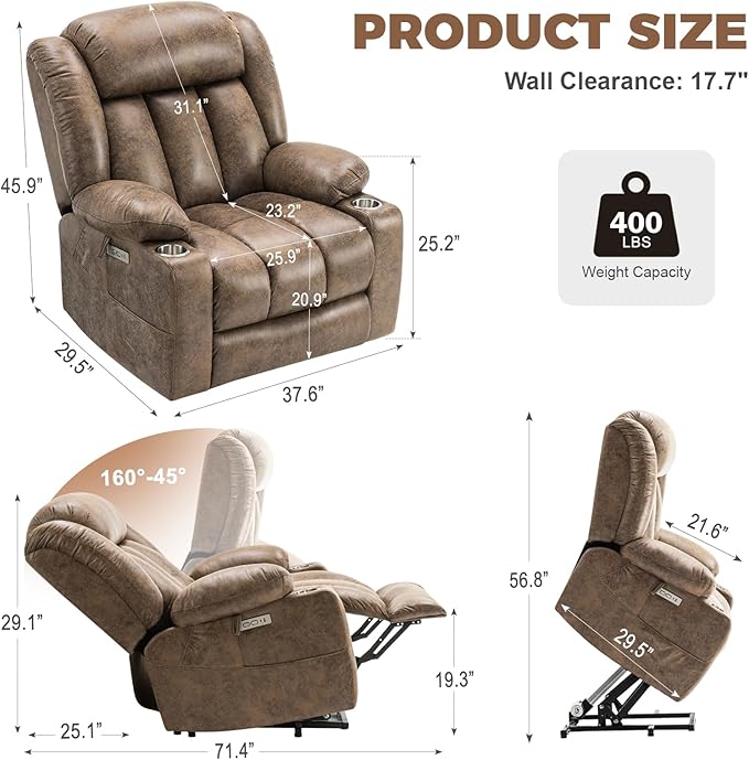 HUSFU Oversized Power Lift Recliner Chair with Massage and Heat for Elderly, Electric Leather Recliner with 2 Cup Holders, Side Pocket and USB Port,Brown