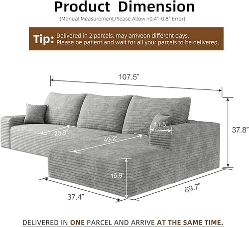 107.5" Cloud Modular Sectional Sofa with L-Shape Chaise, Modern Upholstered Couches for Living Room, Deep Seat Boneless Couch, No Assembly Required, Plush Corduroy Fabric (Grey, Right Facing Chaise)