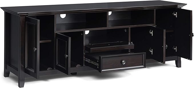 SIMPLIHOME Amherst 72-inch Wide Solid Wood TV Stand in Hickory Brown, Transitional-Style Media Console for Living Room with Cable Management and Adjustable Shelves, Fits 80" TVs
