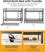 Full XL Over Queen Bunk Bed with Trundle, Heavy-Duty Metal Bunk Bed w/Full-Length Guardrail & EVA Padded Ladder, Convertible to 3 Separate Beds for Adults, Teens, Noise-Free, Black