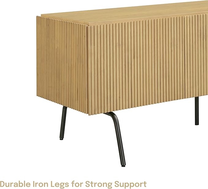 NTC Veil TV Stand with 3 Doors for TVs up to 60’’, Media Console with Vertical Groove Design and Metal Legs, Modern Entertainment Center for Living Room and Bedroom, Effortless Assembly, Sand