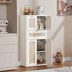 LEYAOYAO 48" Tall Storage Cabinet,Rattan Bathroom Floor Cabinets with 2 Doors & 1Drawer,Boho Kitchen Pantry with Adjustable Shelves,Wooden Cupboard for Living Room,Home Office,Dining,White Cream Oak