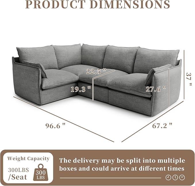 Waterproof Cloud Sectional Sofa for Living Room,High Backrest Down Filled Couches,5 Seater Oversized Modular V-Shaped Sofa,Detachable Couch Covers,Dark Grey