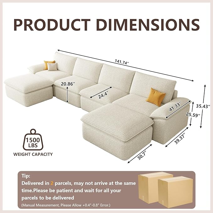 141.74" Sectional Couches for Living Room Modern Modular Sofa with U-Shape Couchs Upholstered Corduroy Boneless Couch Deep Seat Cloud Couch with Ottoman, No Assembly Required, White