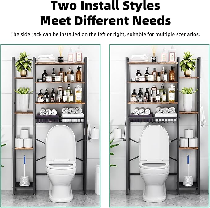 8-Tier Over The Toilet Storage with Side Rack, Over Toilet Storage Rack with Adjustable Shelf & Drain Basket, Freestanding Bathroom Organizer for Balcony, Laundry (Vintage Brown)