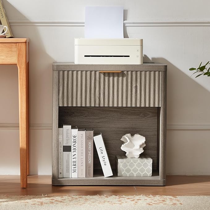 LEYAOYAO Fluted Farmhouse Nightstand Set of 2 with Charging Station, 23" Wide 1 Drawers End Table,Grey Dresser for Bedroom,Bed Side Table Chest of Drawers Cabinet,Wood Night Stand for Living Room