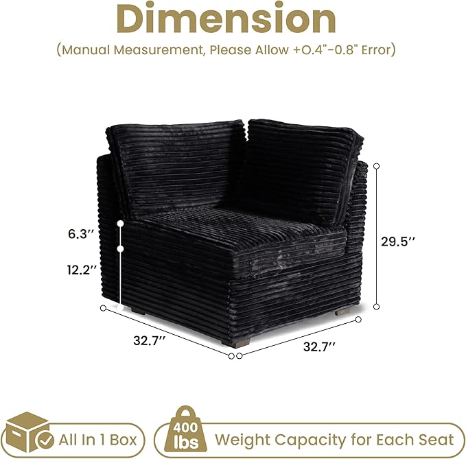 32.7'' Corner Seat for Modular Sectional Sofa, Deep Seat Upholstered Convertible Sleeper Sofas, L/U/V Shaped Plush Corduroy Cloud Couch for Living Room Apartment, Black