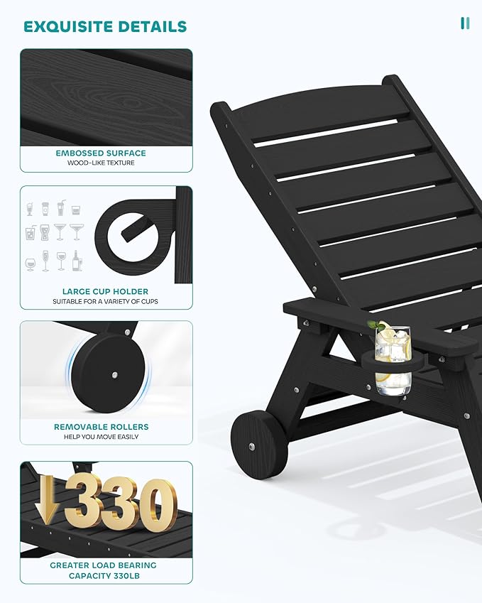SERWALL Patio Chaise Lounge Chair Set of 2, 78'' Long 5-Positions Adjustable HDPE Outdoor Lounger for Pool, Poly Lounge Chair with Rolling Wheels & Cup Holder for Poolside, Deck, Obsidian Black