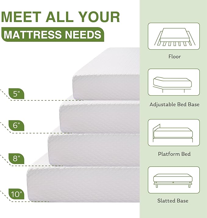 EGOHOME 8 Inch Queen Mattress, Memory Foam Mattress in a Box with Cooling Green Tea Gel, Relieve Pressure with Medium Firm Support, CertiPUR-US Certified, 80''L x 60''W, White
