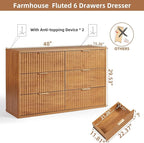 LEYAOYAO Fluted 6 Drawers Dresser, 48" Wide Modern Chest of Drawers with Wood Grain Top, Curved Profile Design, Dresser TV Stand, Wood Drawer Organizer for Bedroom, Living Room, Hallway,Brown