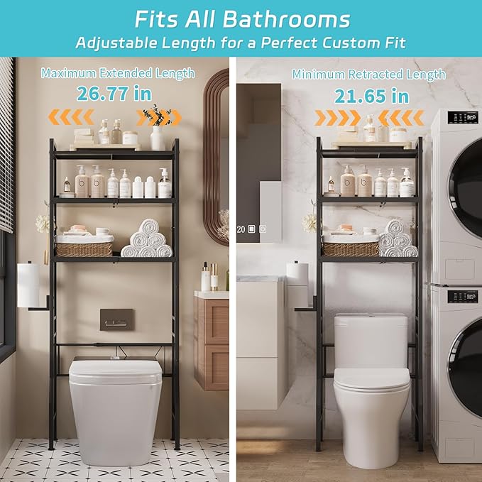 Over The Toilet Storage, 3-Tier Metal Over Toilet Bathroom Organizer Shelf with Adjustable Shelf with Toilet Paper Holder & Hooks Black