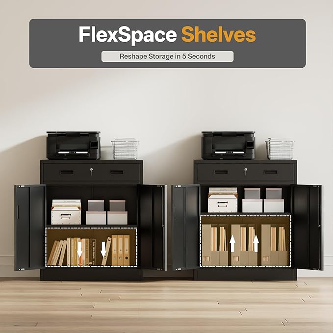 Steel Storage Cabinets，Metal Storage Cabinet with 1 Locking Drawers, Locking Storage Cabinets for Office, Home, Garage, Warehouse 37" H x 31.5" W x 15.7" D (Black)