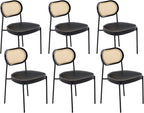 Rattan Dining Chairs Set of 6, Black Leather Upholstered Dining Chairs with Rattan Cane Back, Mid Century Modern Dining Room Chairs with Black Metal Legs & D-Shaped Thicken Cushion