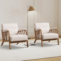 Mid Century Modern Accent Chair with Solid Wood Frame, Upholstered Living Room Chairs with Lumbar Cushion Padded Arms, Reading Armchair for Bedroom Set of 2, Linen Beige