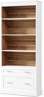 LITTLE TREE 72-Inch Tall White Bookcase, 5-Tier Wooden Open Display Bookshelf with 2 Drawers fits Letter, Legal, A4 Size, Modern Floor Standing Storage Organizer for Home Office & Living Room,Bedroom