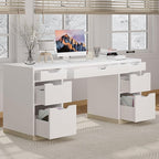 White Desk with 7 Drawers, 54 Inch Executive Desk with Drawers for Bedroom, Home Office Desk with Cabinet for Work Writing Study, Small Spaces