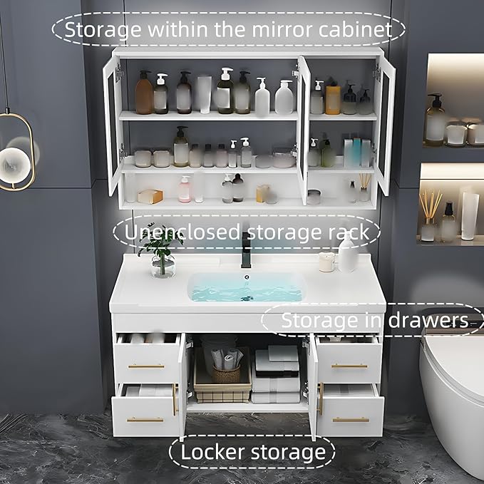 44IN Modern Bathroom Vanity - LED Intelligent Mirror Cabinet Includes Time Display & Defogging | Bathroom Cabinet with Sink & Open Storage Compartments, Ceramic Washbasin, 4 Drawers (Style B)