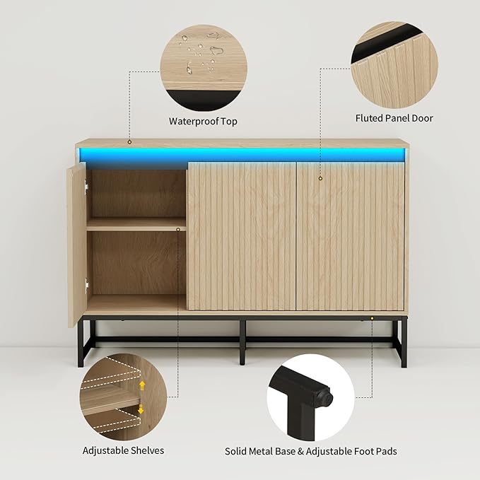Fluted Sideboard Buffet Cabinet with Storage, 47" Wood Storage Cabinet with Doors and Adjustable Shelves LED Light, Modern Credenza for Kitchen, Dining Room, Living Room, Entryway, Oak