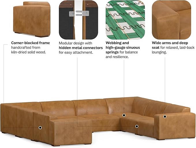 SIMPLIHOME Rex U-Shaped Sectional Modular Sofa in Full-Grain Genuine Leather, Sienna, 144-inches Wide, Handcrafted Modern-Style Large Leather Couch for Living Room