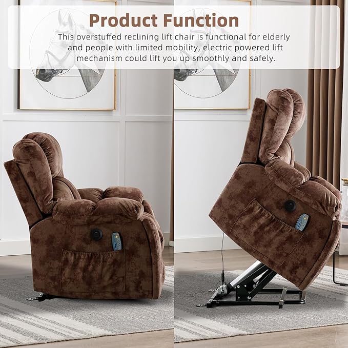 CANMOV Large Power Lift Recliner with Massage and Heat for Elderly, Heavy Duty Lift Recliner for Seniors with USB Port, 2 Hidden Cup Holders (Camel Brown)
