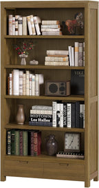 TVU 5-Tier Solid Wood Bookshelf with 2 Drawers, 72-inch Tall Standing Bookcase, 17.7" Wide Open Display Shelf for Living Room, Study, Office Storage, Deep Wood Color (72" H × 32.3" W × 11.8" D)