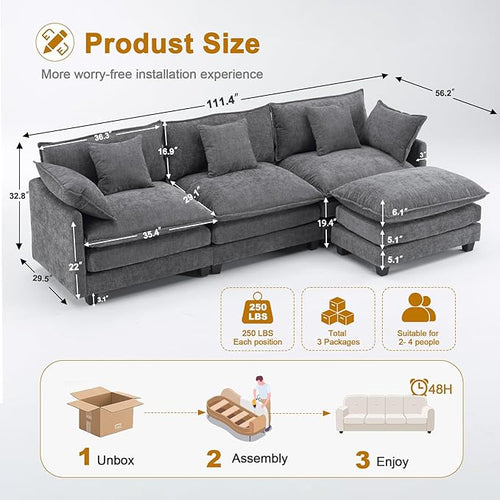 111.4" L-Shaped Cloud Chenille Sectional with Reversible Chaise, Flexible 3+1 Layout for Large Spaces, Deep Seat and Free Pillows Included