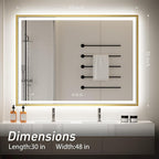 48X30 Inch Led Bathroom Mirror,Front and Backlit Lighted Mirror,Gold Metal Frame Vanity Light Mirror for Wall,Double Lights Strips,Anti Fog Stepless 3 Colors Temperature & Dimmable