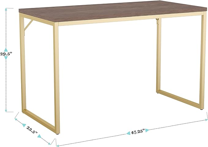 Martha Stewart Noah Home Office Parsons Desk in Walnut Wood Grain with Polished Brass Metal Frame