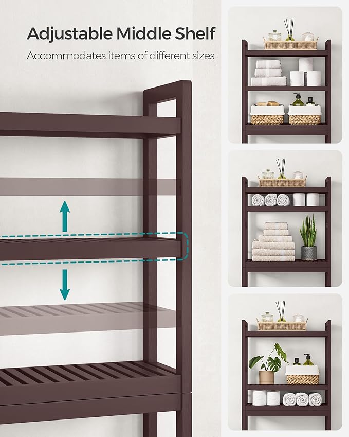 SONGMICS Over The Toilet Storage, 3-Tier Over Toilet Bathroom Organizer with Adjustable Shelf, 10.2 x 24.8 x 66.9 Inches, Space-Saving, Brown UBTS01BR