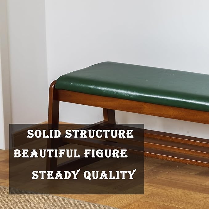 latifolia Solid Wood Bench, Entryway Shoe Bench with Cushion, 2 Tier Shoe Storage Organizer for Hallway, Living Room(Green,31.50''L)