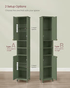 VASAGLE Tall Storage Cabinet with Lights, Slim Freestanding Cabinet with Adjustable Shelves, for Small Spaces, Bathroom, Living Room, Modern, 11.8 Inches Wide, Forest Green UBBC566C01