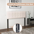 KOMFOTT Linen Upholstered Headboard for Full & Queen Size Bed Frame, Tufted Button Bed Headboard with Solid Rubber Wood Legs, Rectangular Headboard with Adjustable Width, Beige