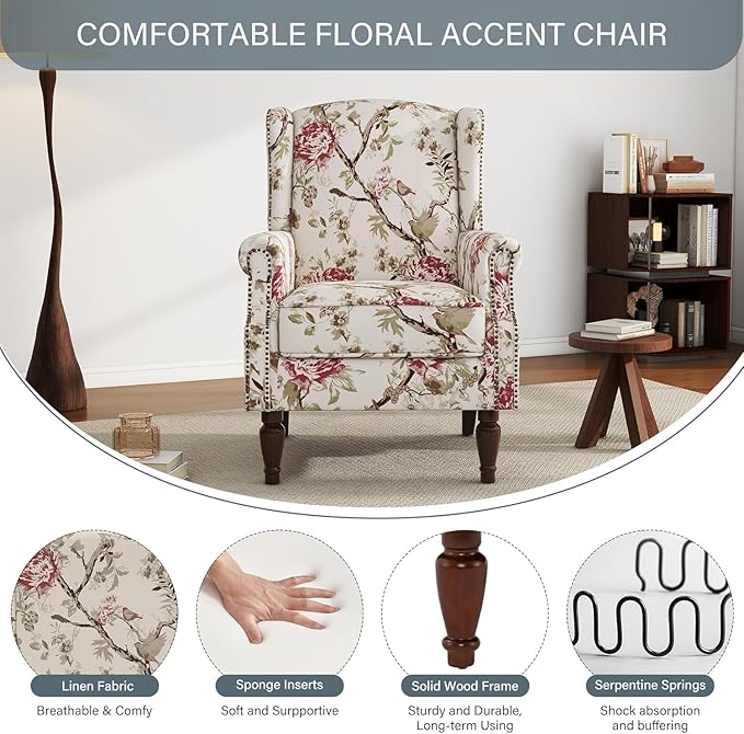 UIXE High Back Accent Chair, Fabric Upholstered Armchair for Living Room, Floral Printed Wingback Arm Chair with Solid Wood Legs, Retro Nailhead Trim Single Sofa Bedroom Reading Seat - Beige
