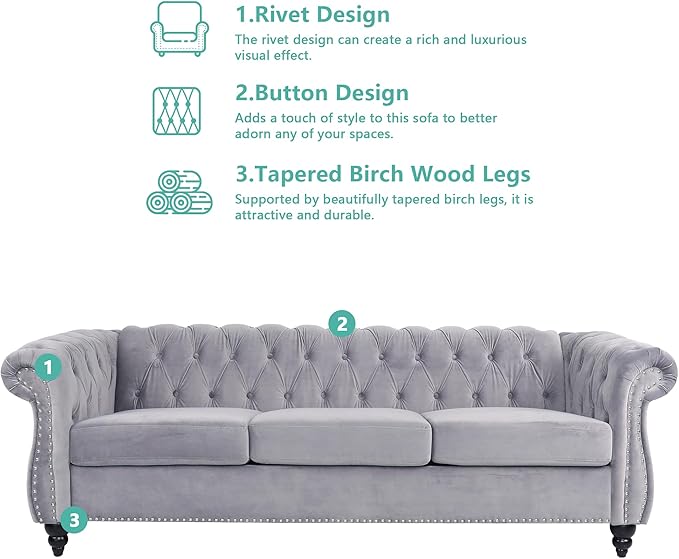 Velvet Sofa Couches Set, 3-Piece Mid Century Modern Upholstered Couch with Cushions, Home Sofa Sectional Furniture Sets, Comfy Tufted Chesterfield Couches for Living Room, Bedroom, Office