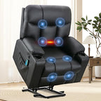 ANJ Black Power Lift Recliner Chair for Elderly with Heat & Massage, Faux Leather Electric Recliner Sofa with USB Port, Cup Holders & Side Pockets, Heavy Duty Reclining Chair for Seniors